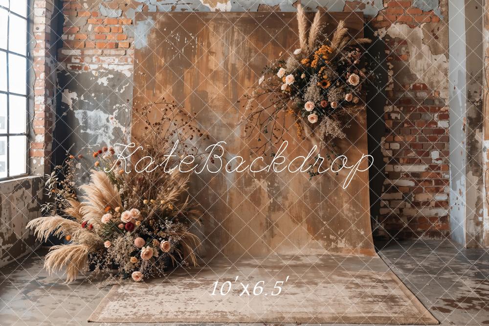 Kate Boho Dark Brown Reed Floral Old Brick Wall Backdrop Designed by Emetselch - Image 5