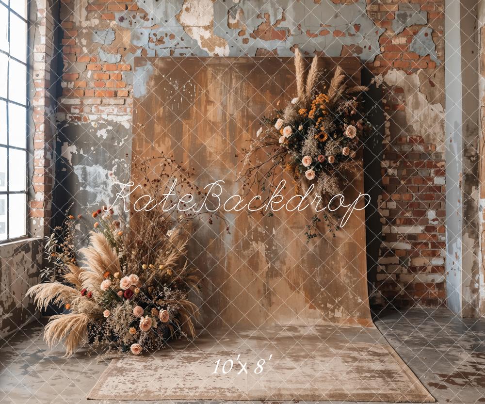 Kate Boho Dark Brown Reed Floral Old Brick Wall Backdrop Designed by Emetselch - Image 6