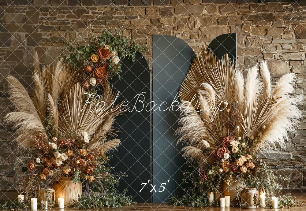 Kate Boho Dried Palm Floral Stone Wall Backdrop Designed by Emetselch