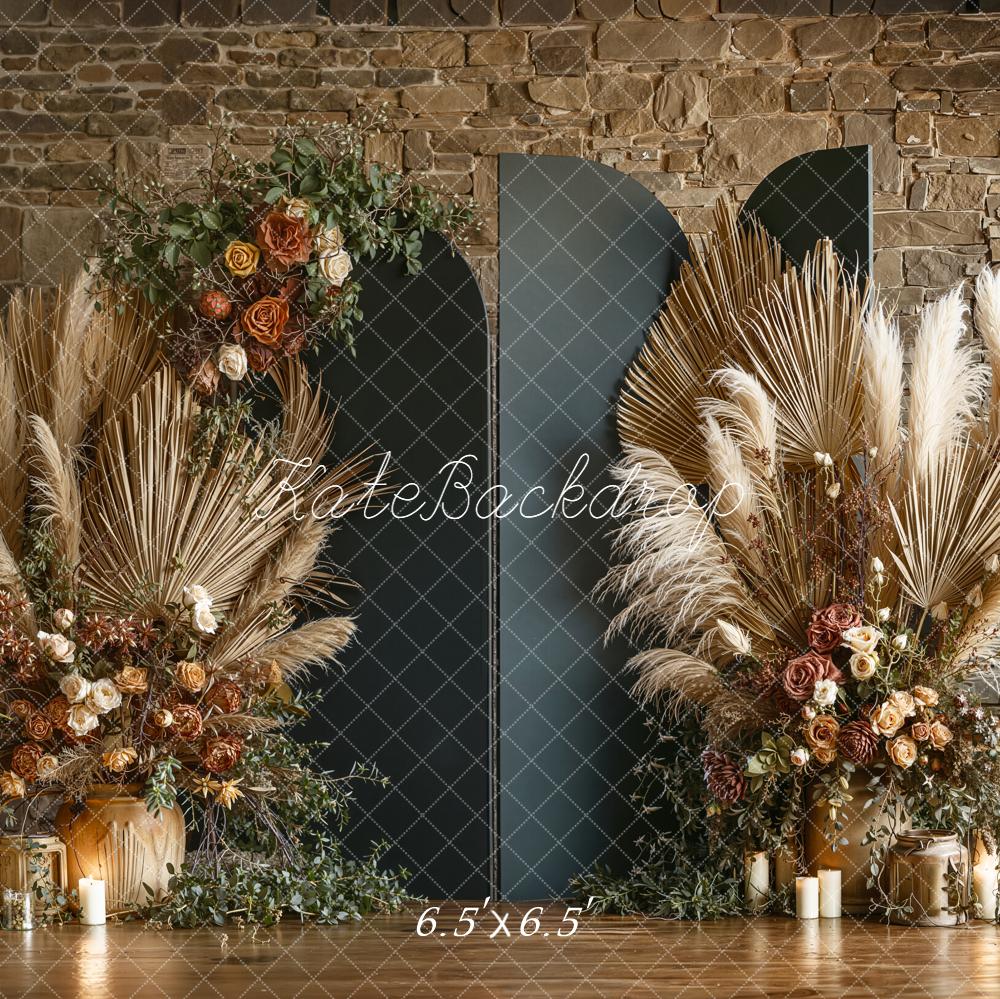 Kate Boho Dried Palm Floral Stone Wall Backdrop Designed by Emetselch - Image 2