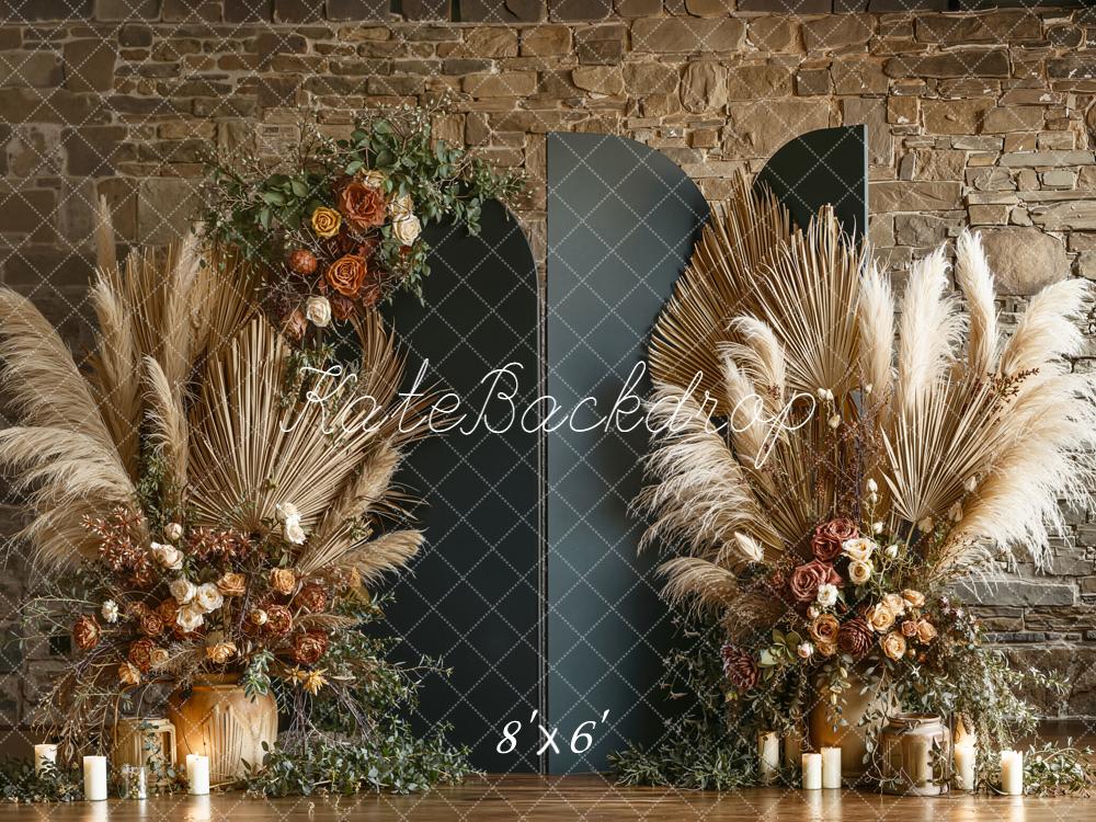 Kate Boho Dried Palm Floral Stone Wall Backdrop Designed by Emetselch - Image 3