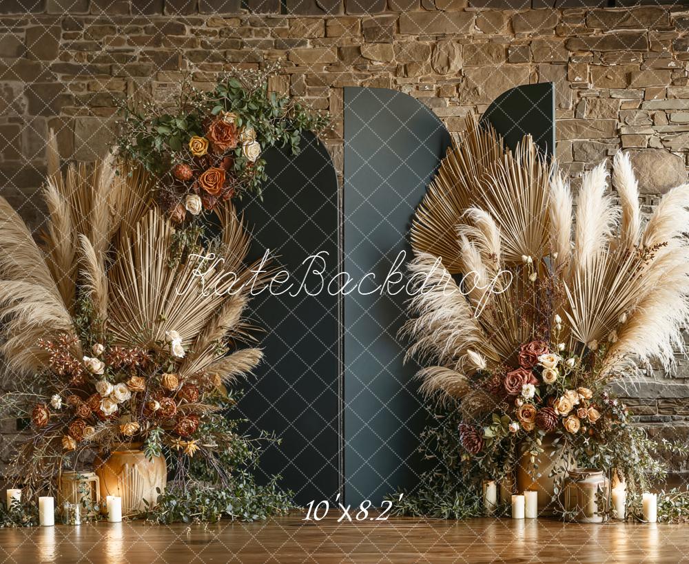 Kate Boho Dried Palm Floral Stone Wall Backdrop Designed by Emetselch - Image 6
