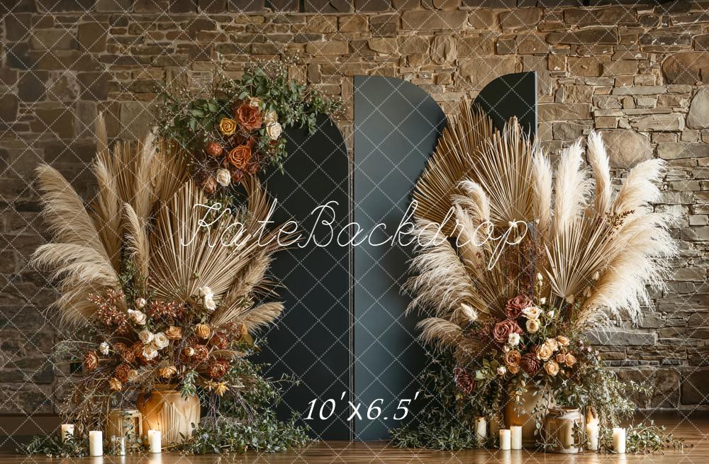 Kate Boho Dried Palms Floral Stone Wall Fleece Backdrop Designed by Emetselch - Image 2