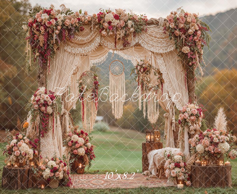 Kate Boho Floral Arch Dreamcatcher Fleece Backdrop Designed by Emetselch - Image 3