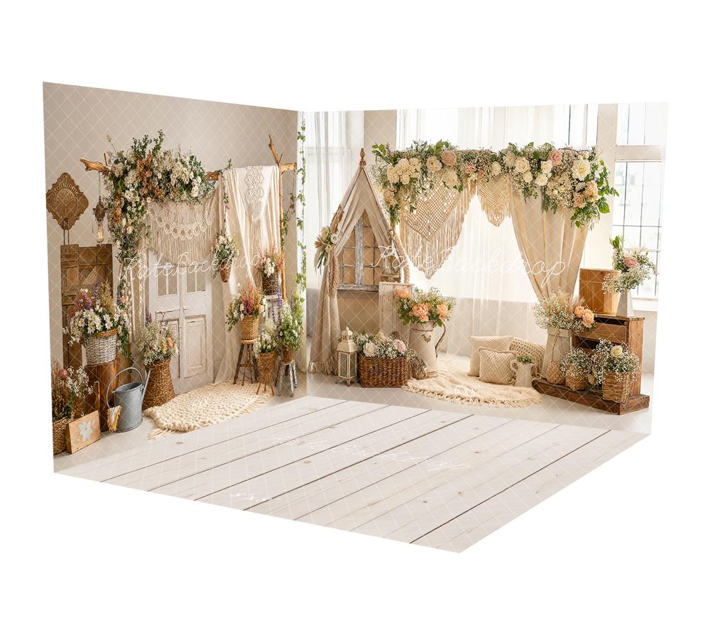 Kate Boho Floral Arch Tent Baskets Macrame Room Set