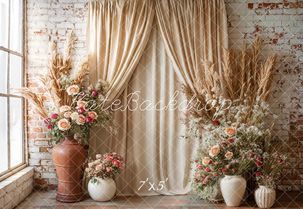Kate Boho Floral Drapes Brick Wall Backdrop Designed by Emetselch - Image 2