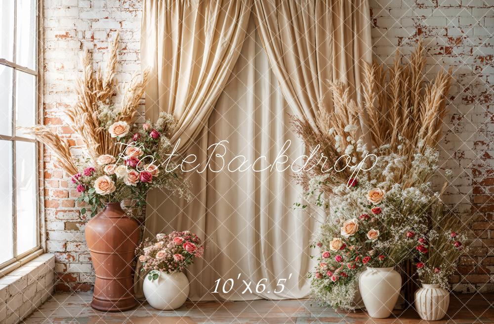 Kate Boho Floral Drapes Brick Wall Backdrop Designed by Emetselch - Image 6