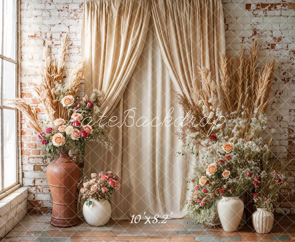Kate Boho Floral Drapes Brick Wall Backdrop Designed by Emetselch - Image 7