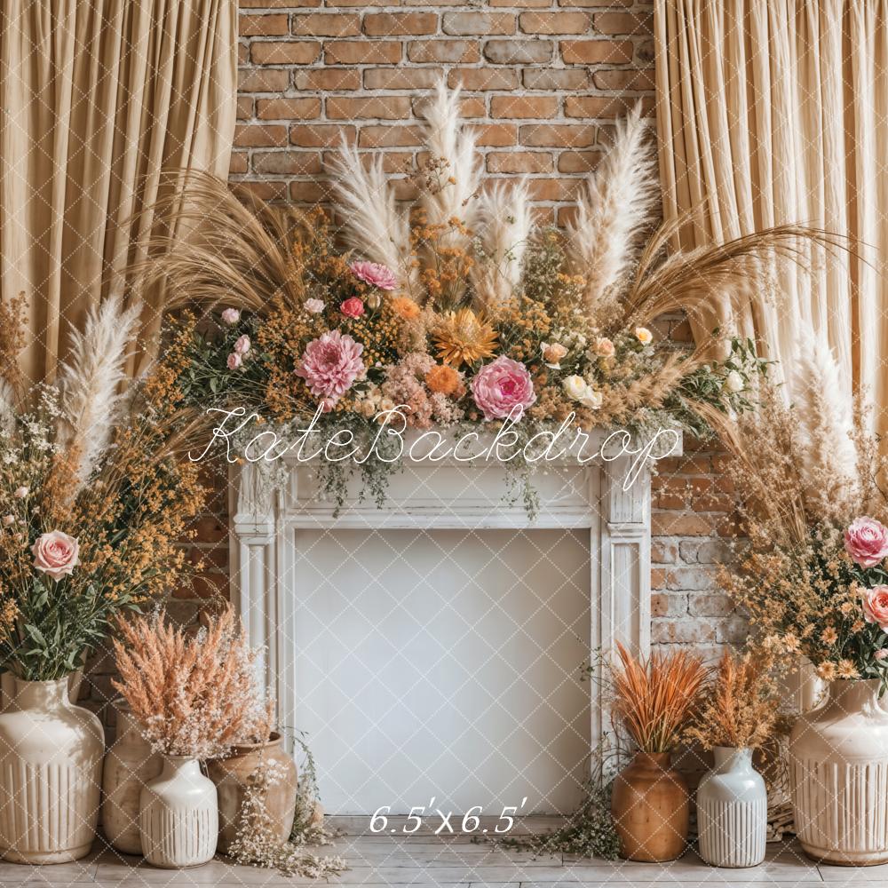 Kate Boho Floral Fireplace Curtain Beige Backdrop Designed by Emetselch - Image 2