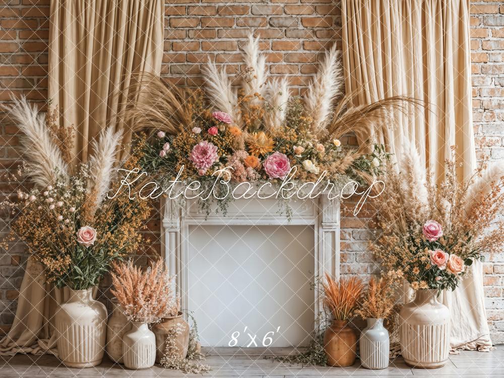 Kate Boho Floral Fireplace Curtain Beige Backdrop Designed by Emetselch - Image 3