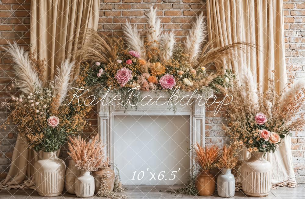 Kate Boho Floral Fireplace Curtain Beige Backdrop Designed by Emetselch - Image 4