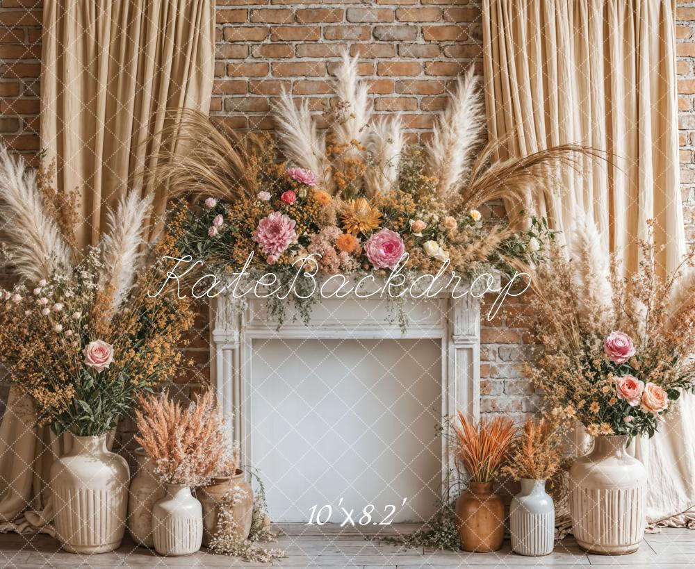 Kate Boho Floral Fireplace Curtain Beige Backdrop Designed by Emetselch - Image 5