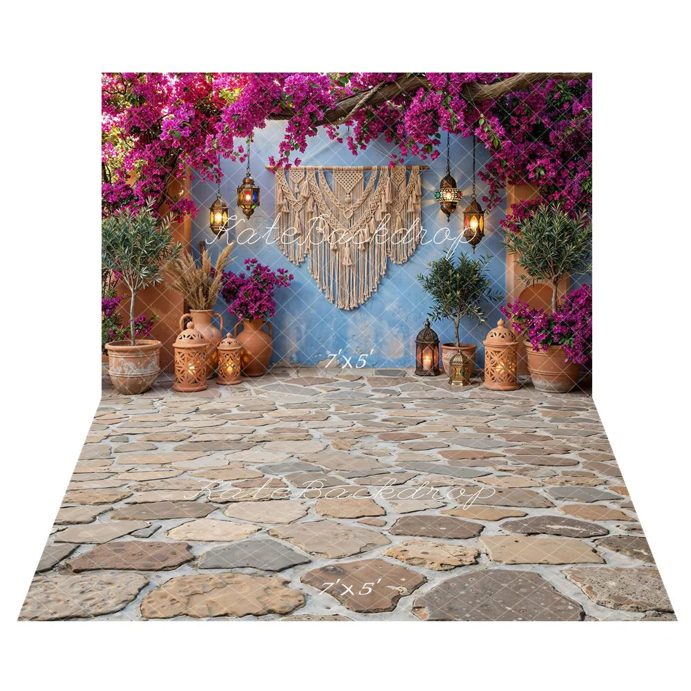 Kate Boho Floral Lanterns Blue Wall Backdrop+Cobblestone Floor Texture Backdrop