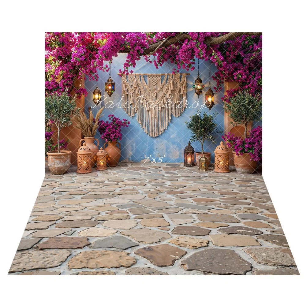 Kate Boho Floral Lanterns Blue Wall Backdrop+Cobblestone Floor Texture Backdrop - Image 2