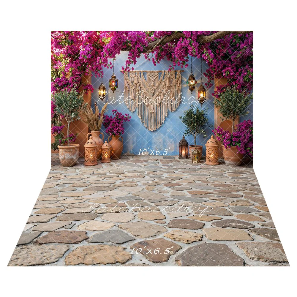 Kate Boho Floral Lanterns Blue Wall Backdrop+Cobblestone Floor Texture Backdrop - Image 3