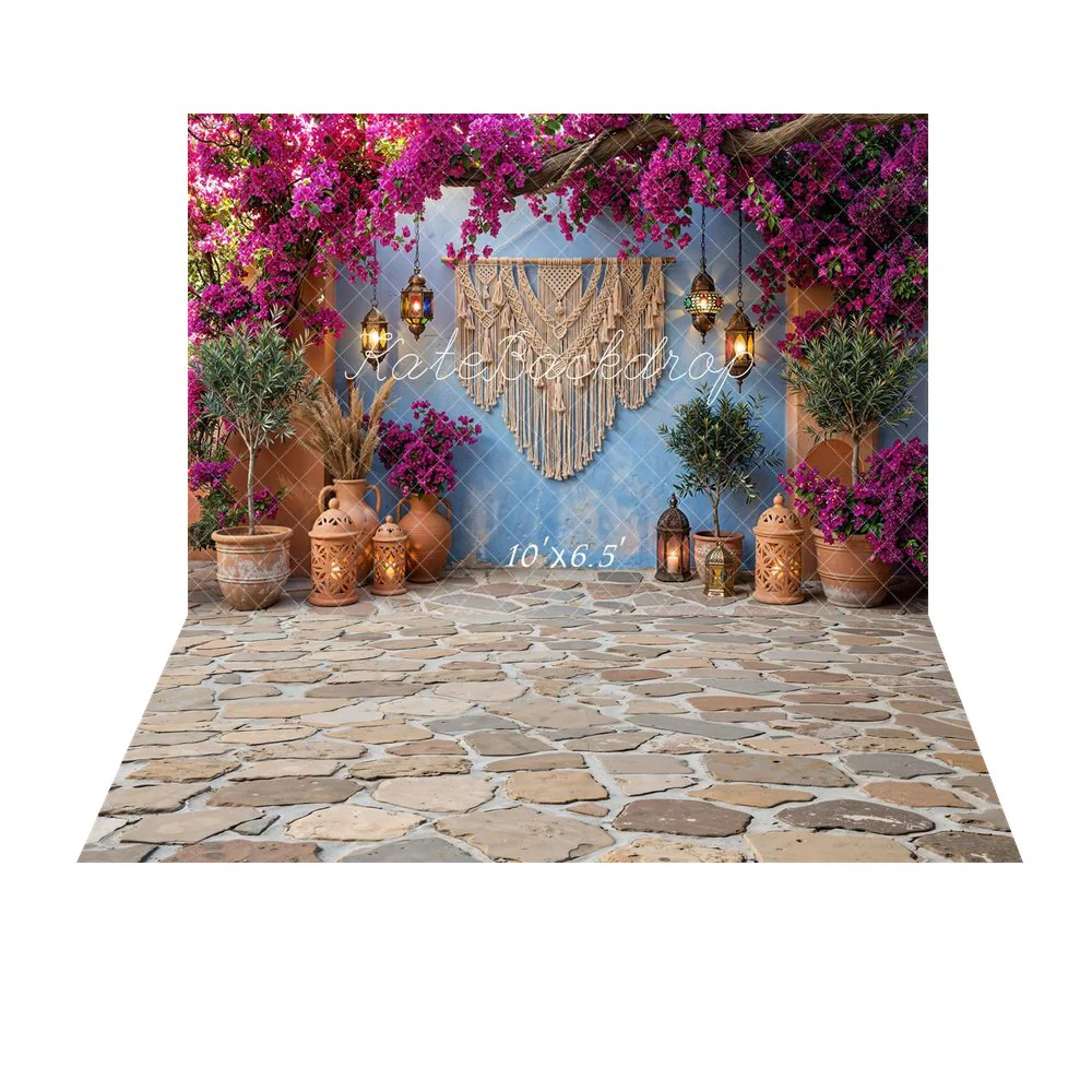 Kate Boho Floral Lanterns Blue Wall Backdrop+Cobblestone Floor Texture Backdrop - Image 4