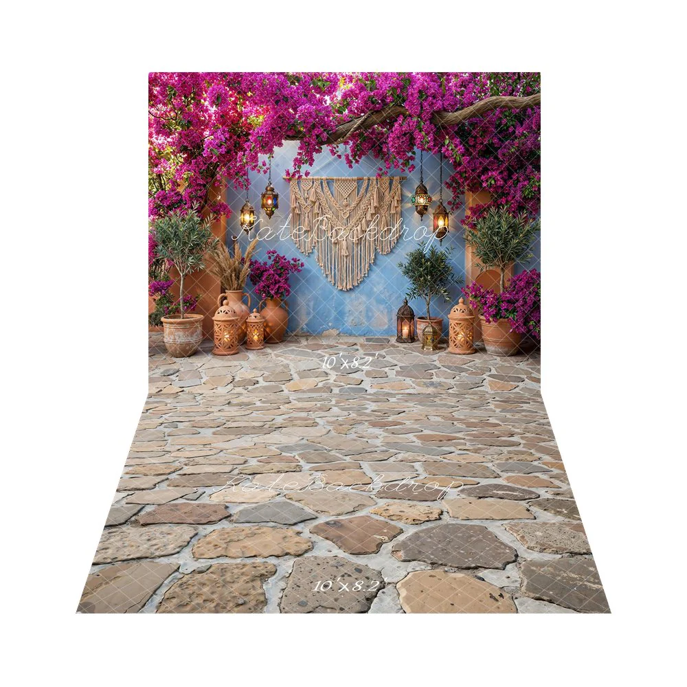 Kate Boho Floral Lanterns Blue Wall Backdrop+Cobblestone Floor Texture Backdrop - Image 5