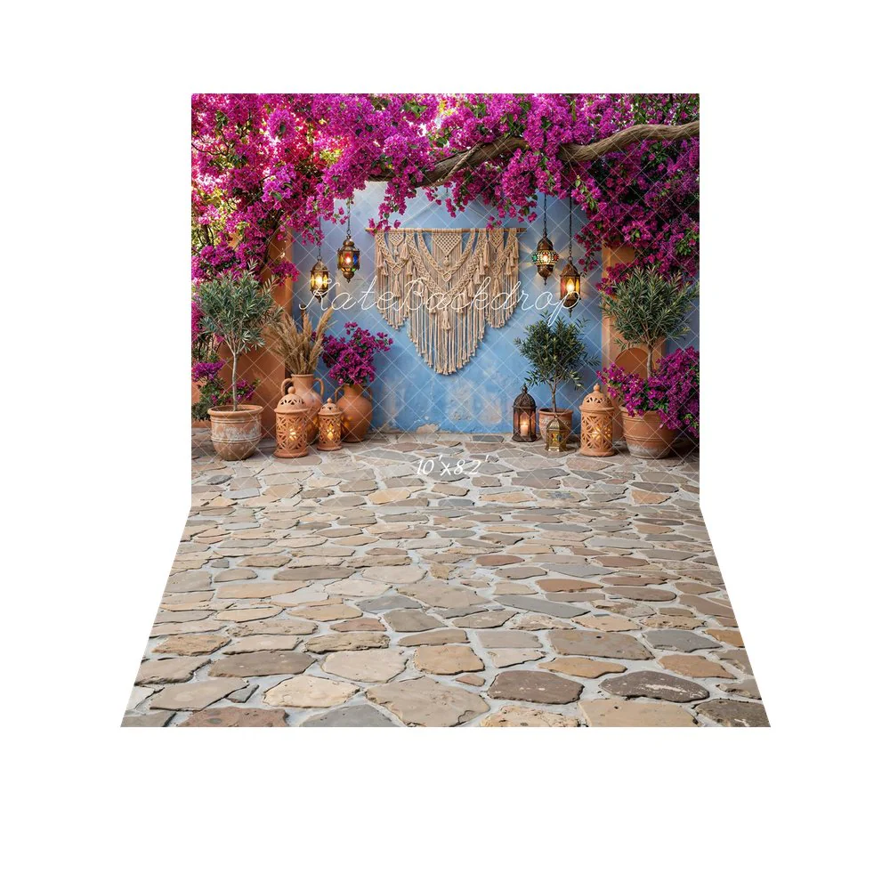 Kate Boho Floral Lanterns Blue Wall Backdrop+Cobblestone Floor Texture Backdrop - Image 6