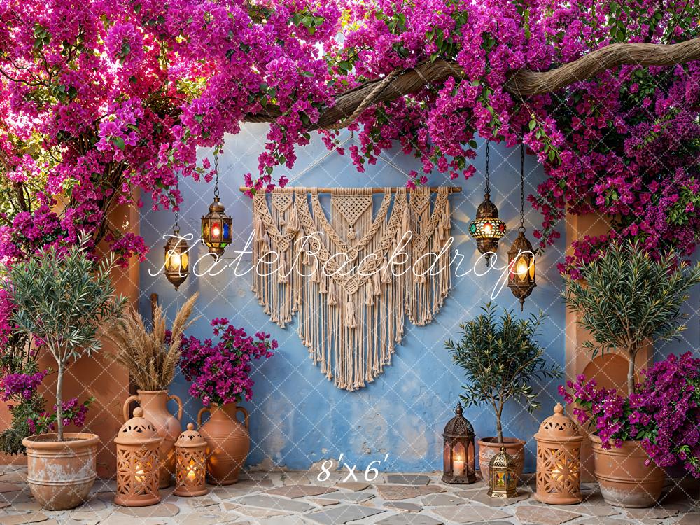 Kate Boho Floral Lanterns Macrame Blue Wall Backdrop Designed by Emetselch - Image 3