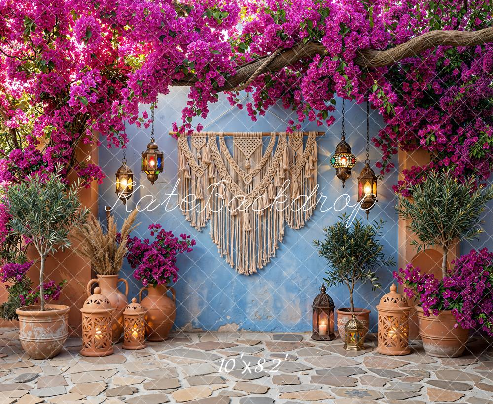 Kate Boho Floral Lanterns Macrame Blue Wall Backdrop Designed by Emetselch - Image 6