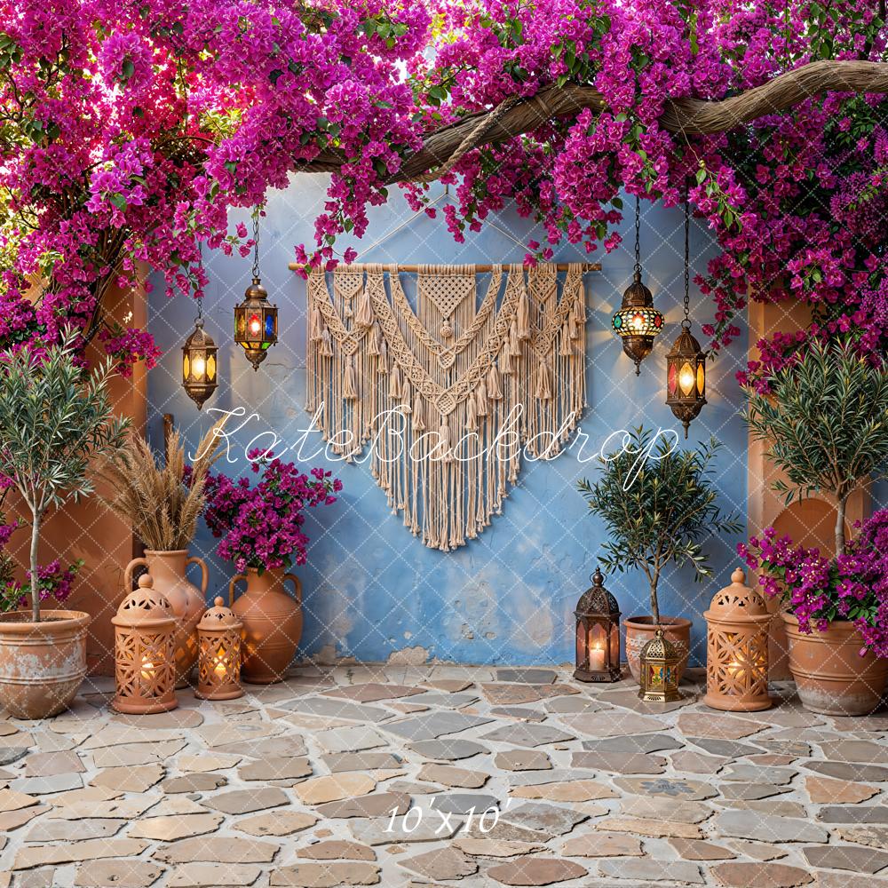 Kate Boho Floral Lanterns Macrame Blue Wall Backdrop Designed by Emetselch - Image 7