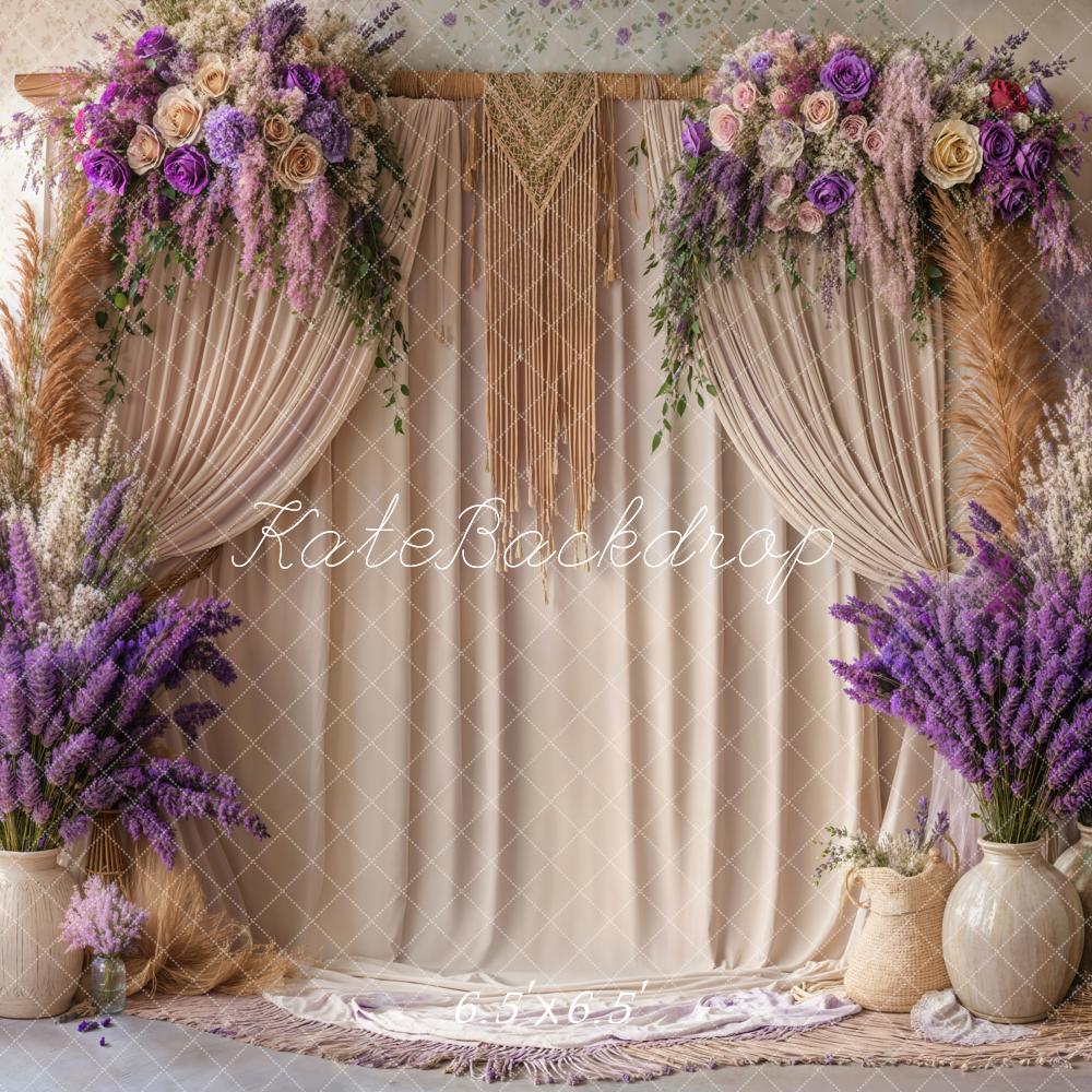Kate Boho Floral Macrame Beige Curtain Backdrop Designed by Emetselch - Image 2