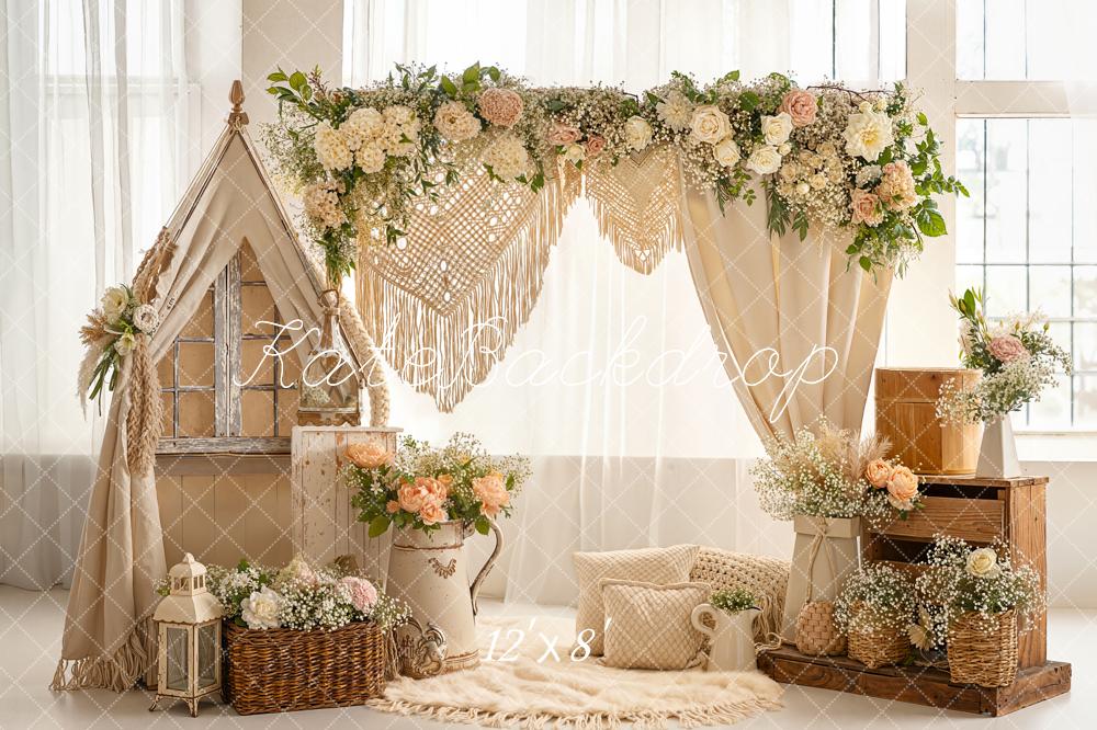 Kate Boho Floral Arch Tent Macrame Fleece Backdrop Designed by Emetselch - Image 4
