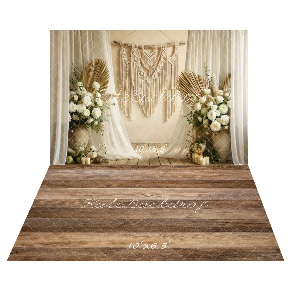 Kate Boho Macrame Pampas Floral Curtains Backdrop+Wood Texture Brown Planks Backdrop