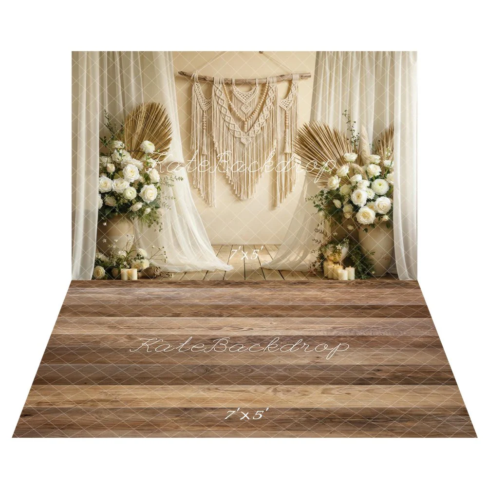 Kate Boho Macrame Pampas Floral Curtains Backdrop+Wood Texture Brown Planks Backdrop - Image 2