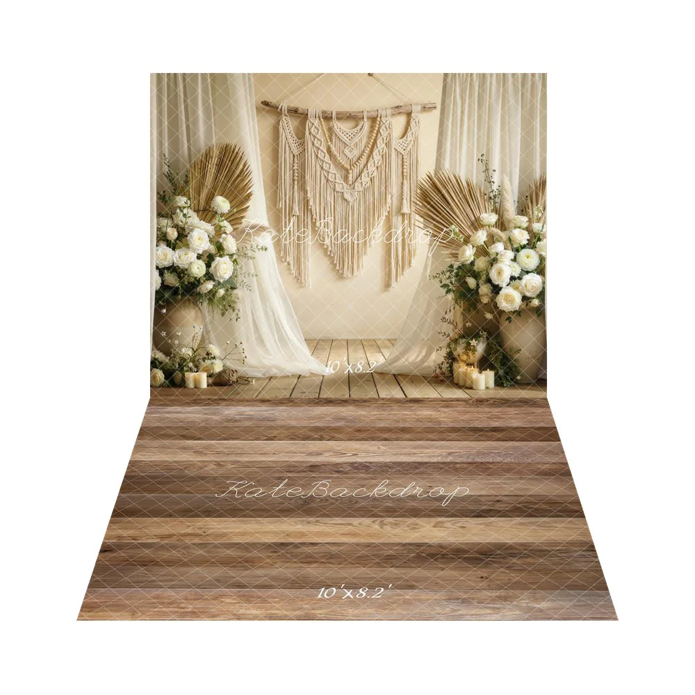 Kate Boho Macrame Pampas Floral Curtains Backdrop+Wood Texture Brown Planks Backdrop - Image 3