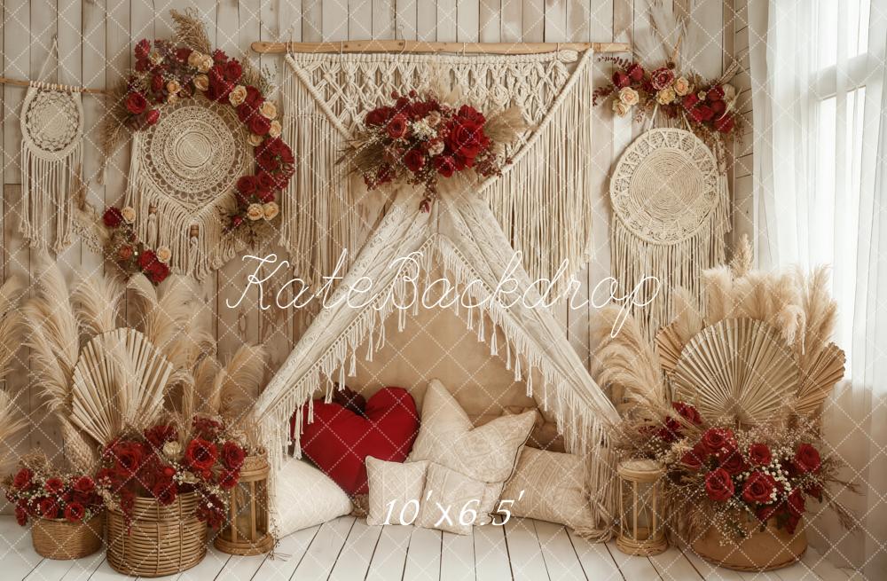 Kate Boho Macrame Pampas Grass Red Floral Backdrop Designed by Emetselch - Image 4