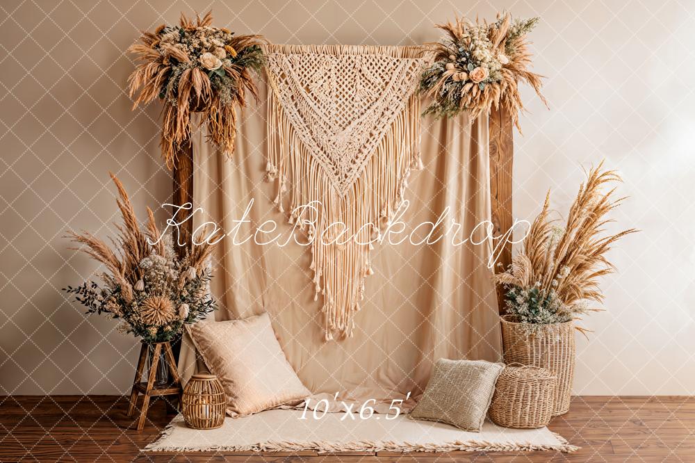 Kate Boho Macrame Pampas Neutral Fleece Backdrop Designed by Emstselch - Image 2