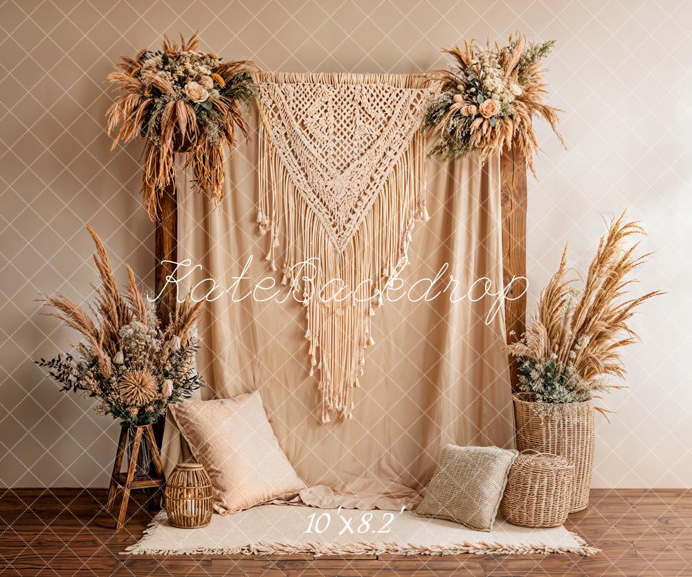 Kate Boho Macrame Pampas Neutral Fleece Backdrop Designed by Emstselch - Image 3