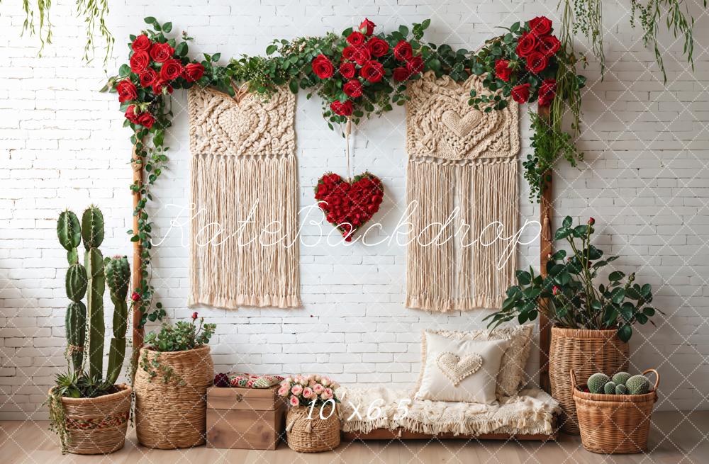 Kate Boho Macrame Red Roses Brick Fleece Backdrop Designed by Emetselch - Image 2