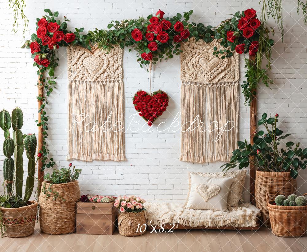 Kate Boho Macrame Red Roses Brick Fleece Backdrop Designed by Emetselch - Image 3
