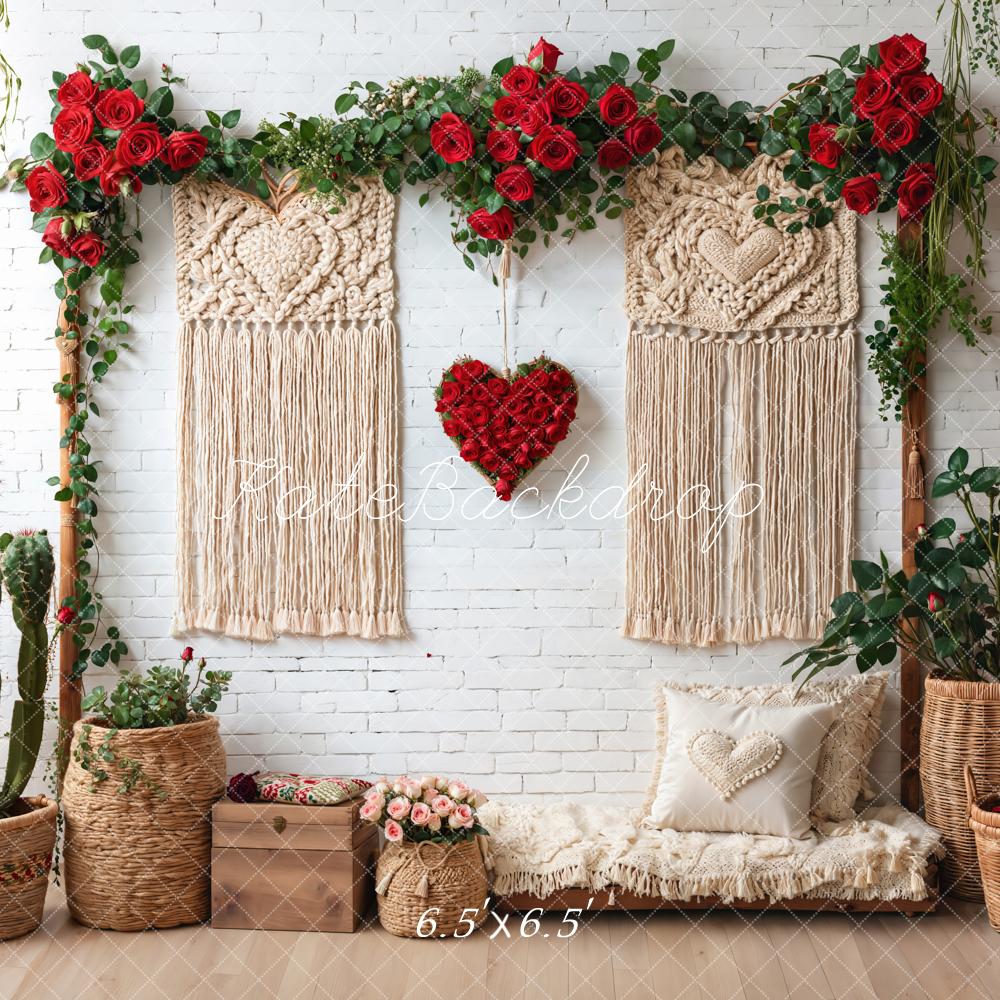 Kate Boho Macrame Red Roses White Brick Backdrop Designed by Emetselch - Image 2