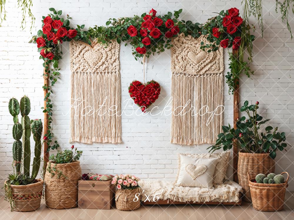 Kate Boho Macrame Red Roses White Brick Backdrop Designed by Emetselch - Image 3