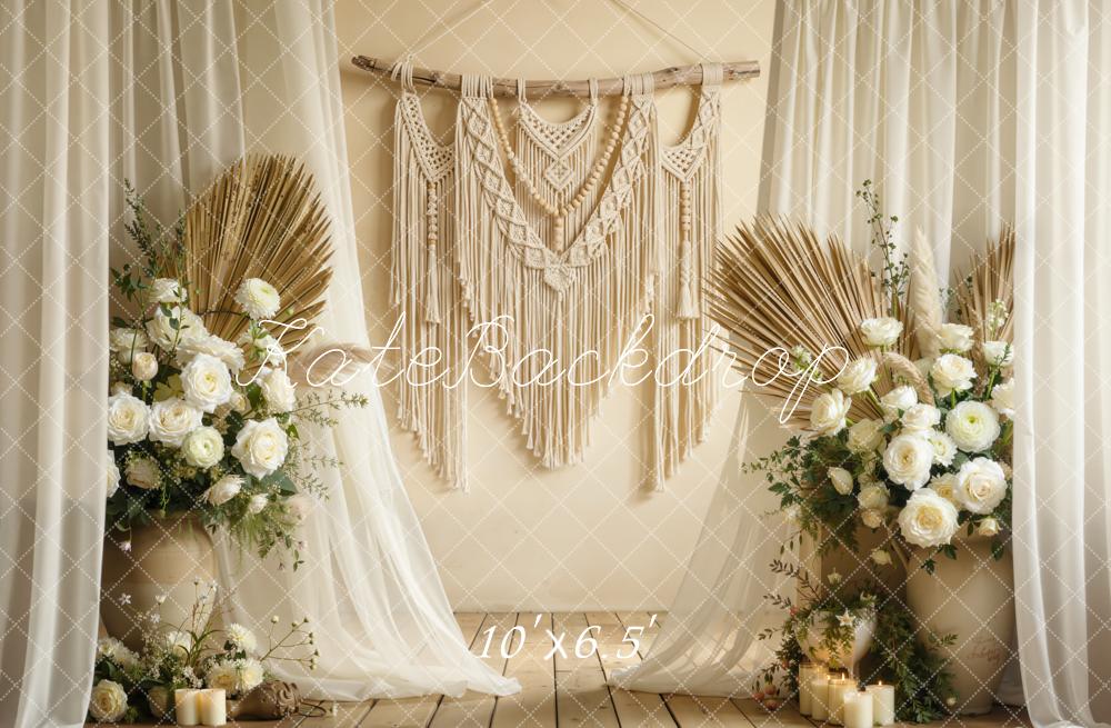 Kate Boho Macrame White Roses Pampas Fleece Backdrop Designed by Chain Photography - Image 2