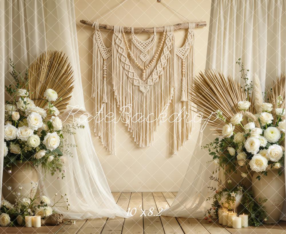 Kate Boho Macrame White Roses Pampas Fleece Backdrop Designed by Chain Photography - Image 3