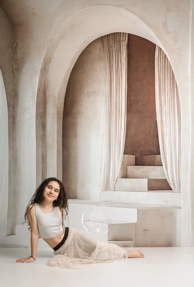 Kate Boho Neutral Minimalist Arch Cascading Stairs Backdrop Designed by Emetselch - Image 5