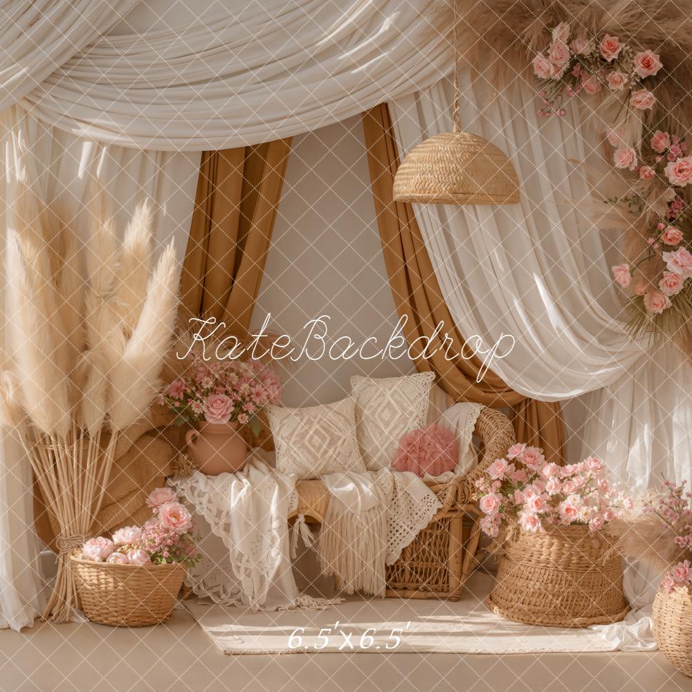 Kate Boho Pampas Floral Rattan Cream Backdrop Designed by Emetselch - Image 2