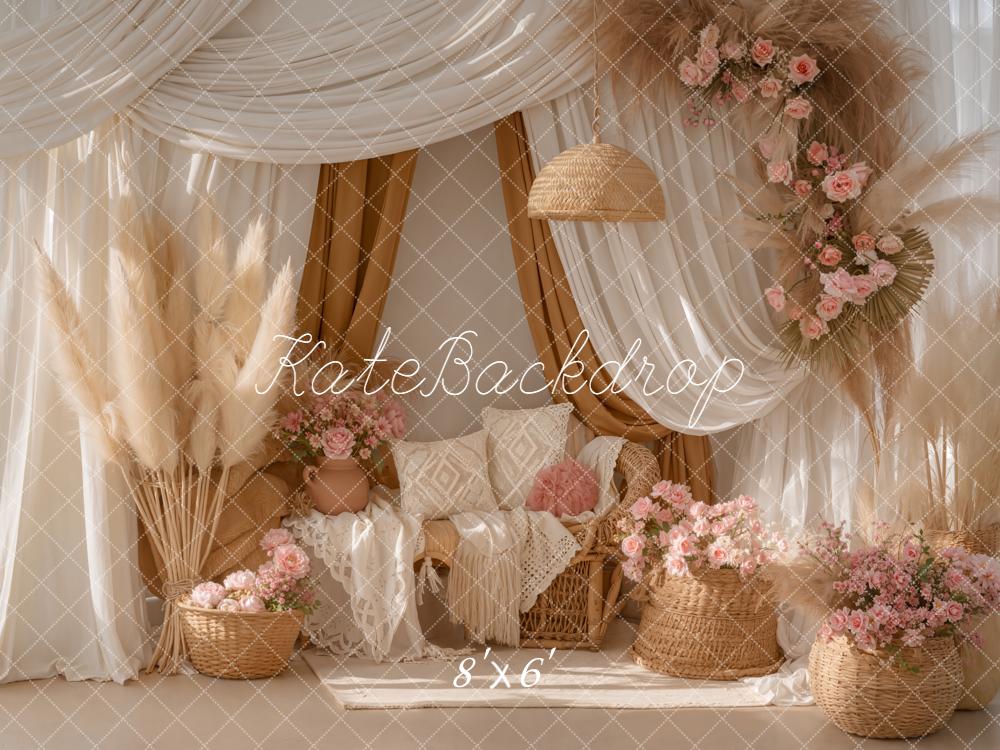 Kate Boho Pampas Floral Rattan Cream Backdrop Designed by Emetselch - Image 3