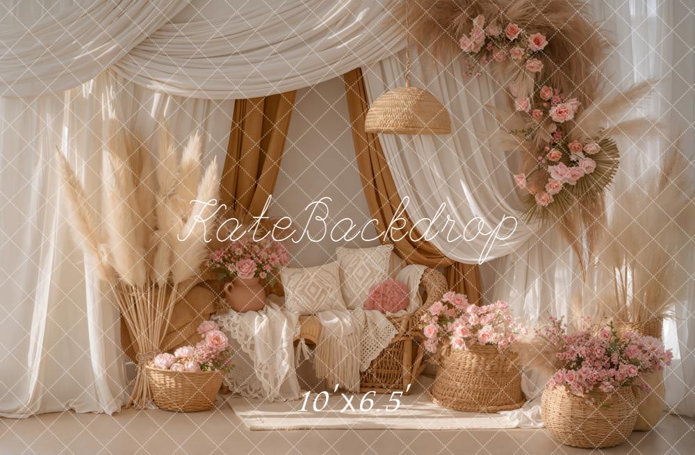 Kate Boho Pampas Floral Rattan Cream Backdrop Designed by Emetselch - Image 4