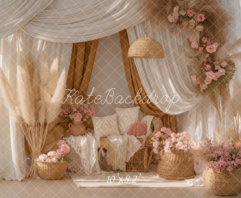 Kate Boho Pampas Floral Rattan Cream Backdrop Designed by Emetselch - Image 6