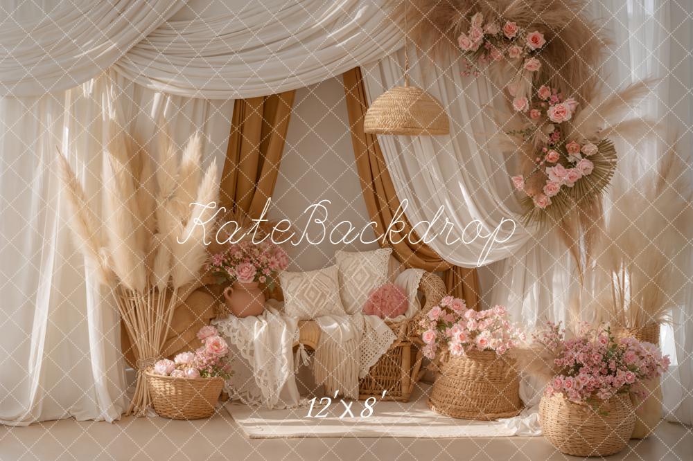 Kate Boho Pampas Floral Rattan Cream Backdrop Designed by Emetselch - Image 8