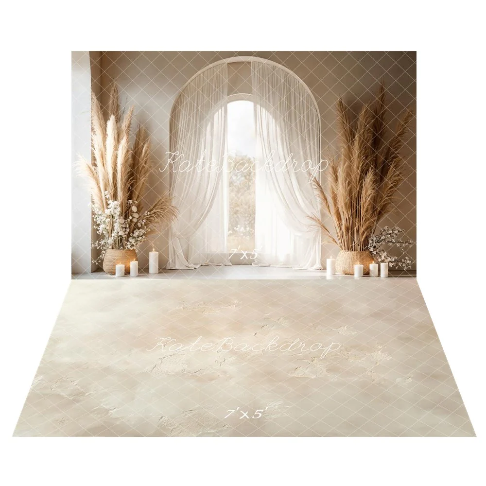 Kate Boho Pampas Grass Candles Arch Window Backdrop+Beige Plaster Texture Backdrop