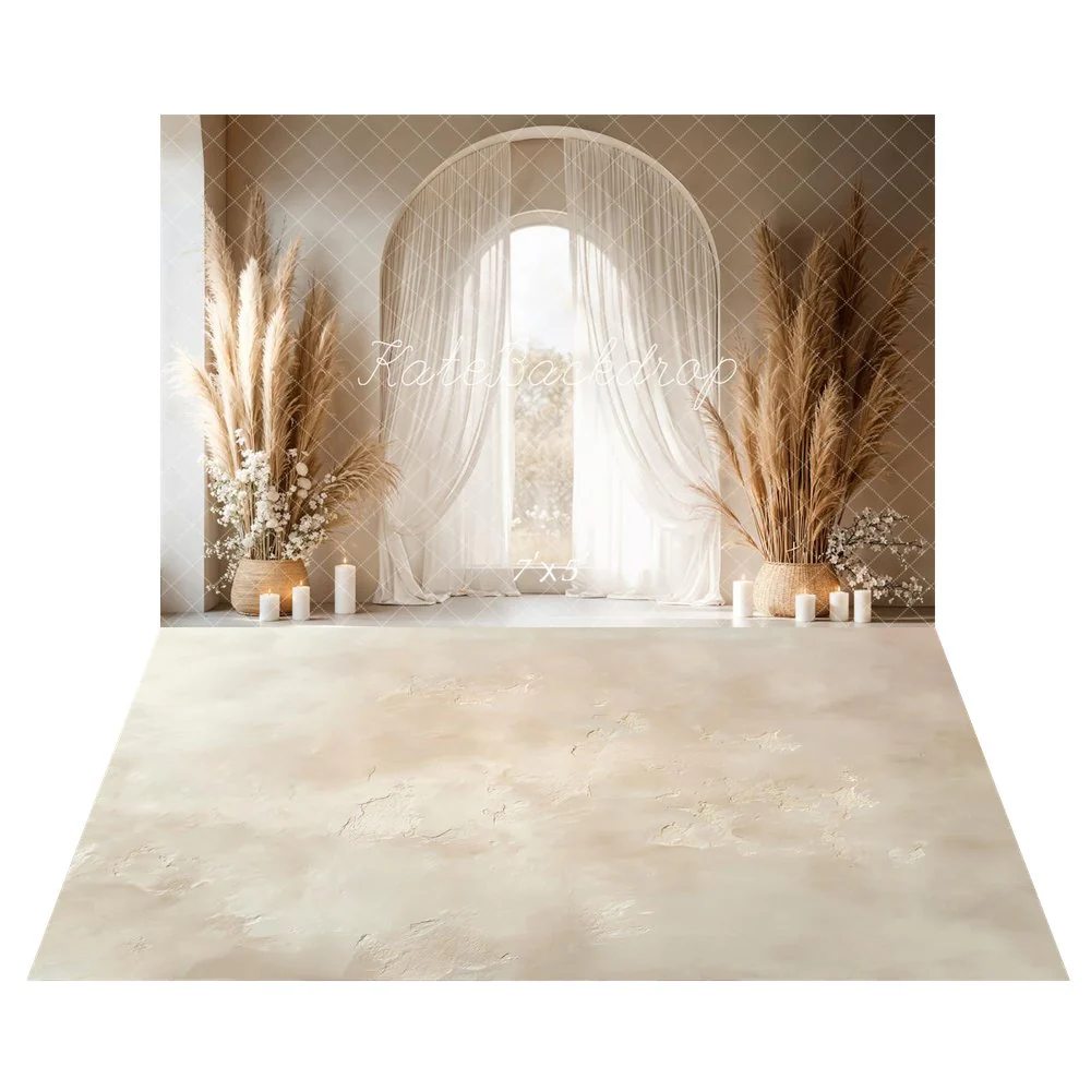 Kate Boho Pampas Grass Candles Arch Window Backdrop+Beige Plaster Texture Backdrop - Image 2