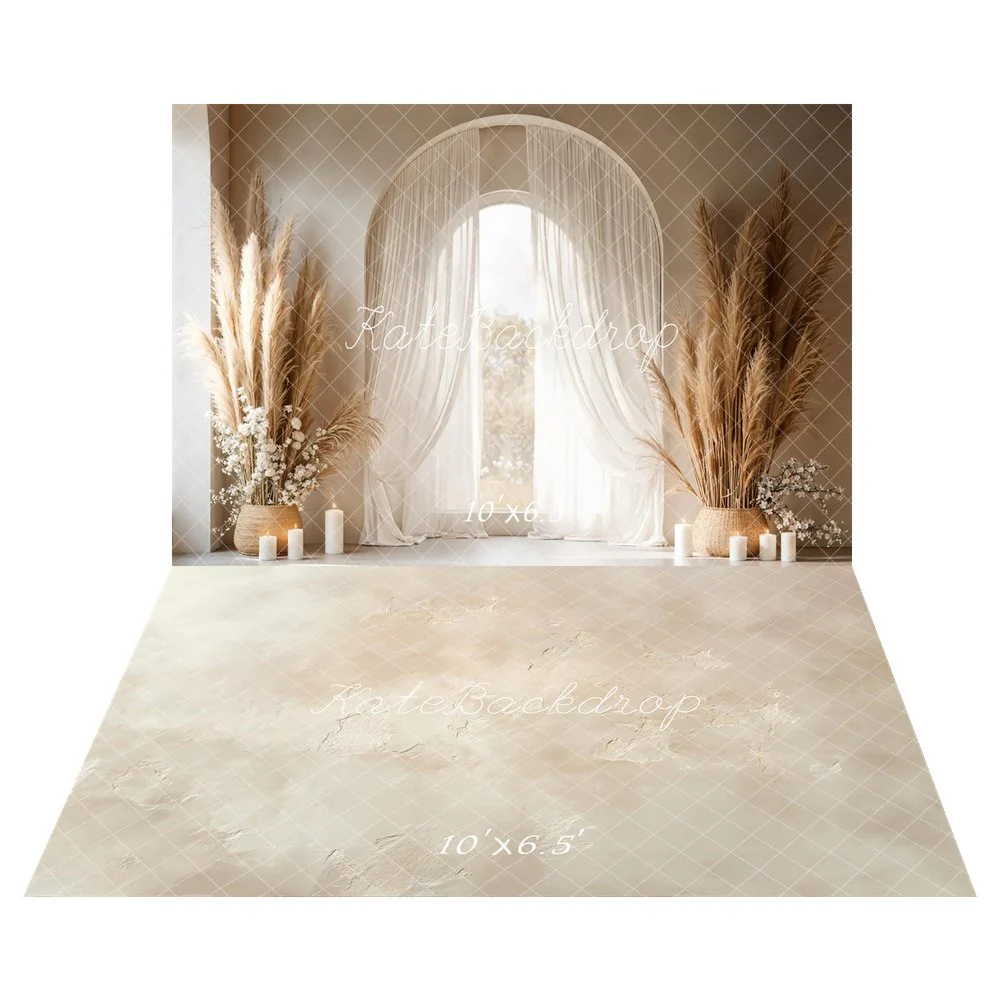 Kate Boho Pampas Grass Candles Arch Window Backdrop+Beige Plaster Texture Backdrop - Image 3