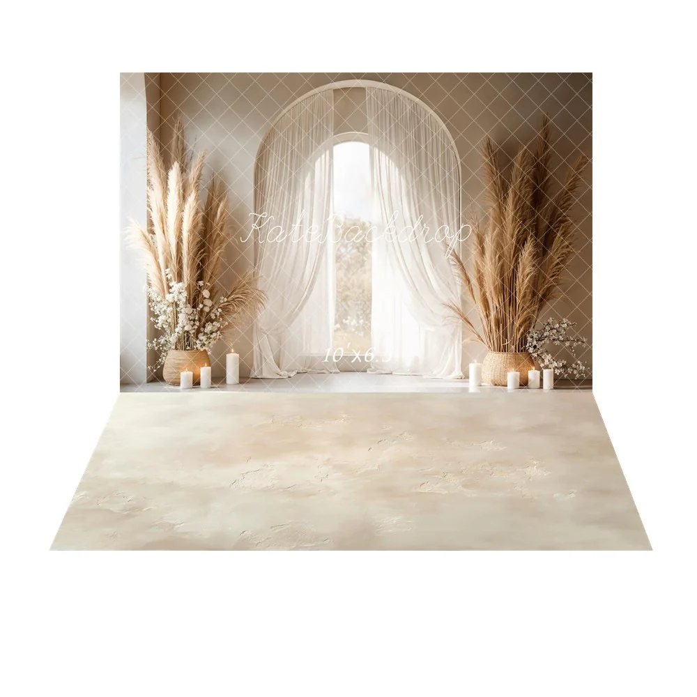 Kate Boho Pampas Grass Candles Arch Window Backdrop+Beige Plaster Texture Backdrop - Image 4