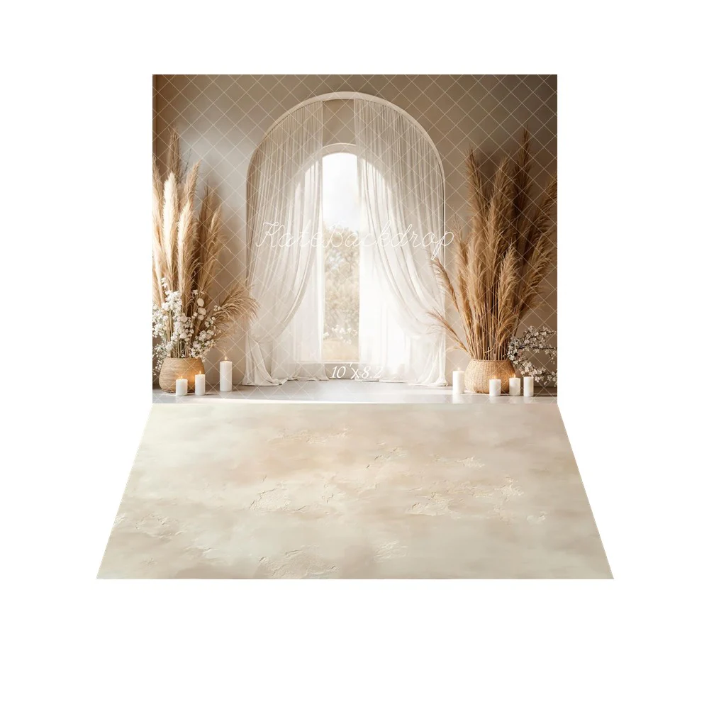Kate Boho Pampas Grass Candles Arch Window Backdrop+Beige Plaster Texture Backdrop - Image 6